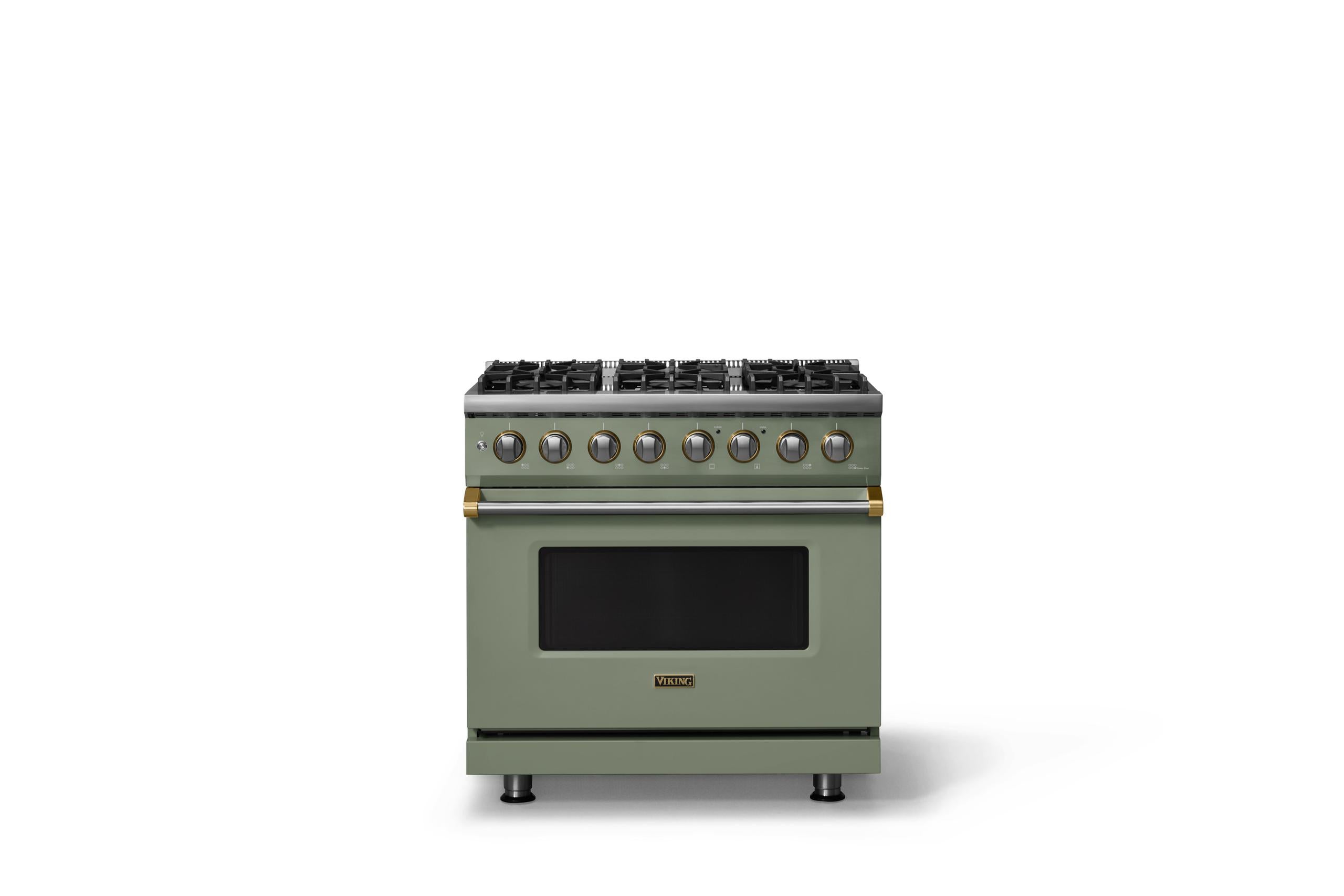 36"W. Dual Fuel Range (Burner: 6b, Finish: Eucalyptus, Trim: Brushed Brass, Fuel: Natural Gas)