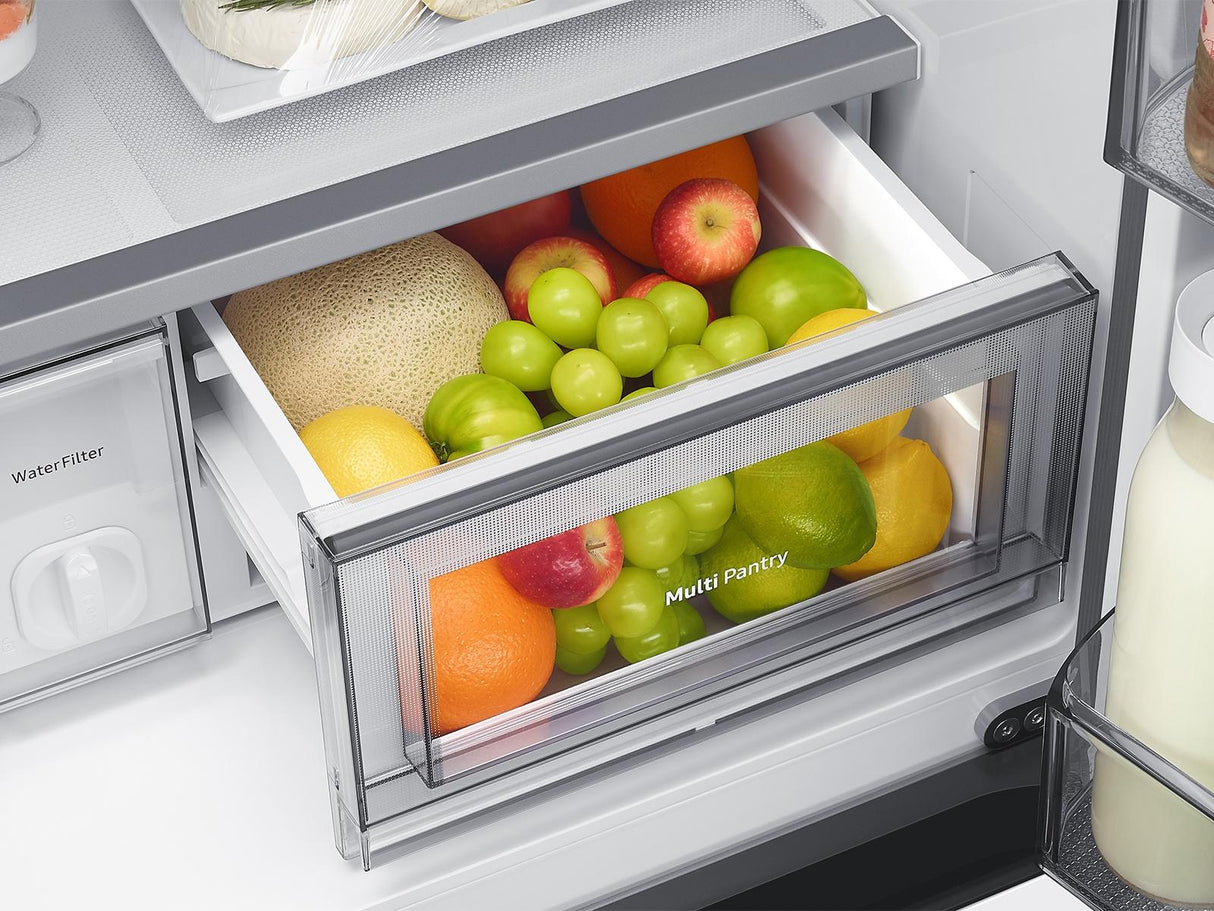Bespoke 22 cu. ft. Counter Depth 4-Door French Door Refrigerator with Zero Clearance Fit & Food Showcase Door in White Glass