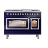 ILVE UN48FNMPMBCLP Nostalgie II Noblesse 48 inch Dual Fuel Range (8 Sealed Burners + Griddle, Liquid Propane, Triple Glass Door, Midnight Blue, Chrome)