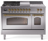 Nostalgie II 48 Inch Dual Fuel Natural Gas Freestanding Range in Stainless Steel with Brass Trim