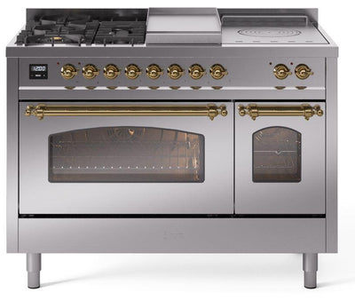 Nostalgie II 48 Inch Dual Fuel Natural Gas Freestanding Range in Stainless Steel with Brass Trim