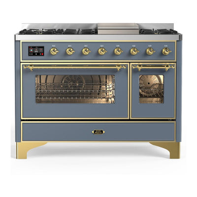 ILVE UM48FNR3BGG Majestic III 48 inch Dual Fuel Range with 8 Burners and Griddle, Dual Function Burner up to 25,000 BTU (Natural Gas, Triple Glass Door, Blue Grey, Brass)