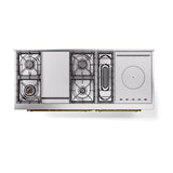 ILVE UN60FSQNMPAWGLP Nostalgie II Noblesse 60 inch Dual Fuel Range (7 Sealed Burners + Griddle + French Top, Liquid Propane, Solid Door, Antique White, Brass)