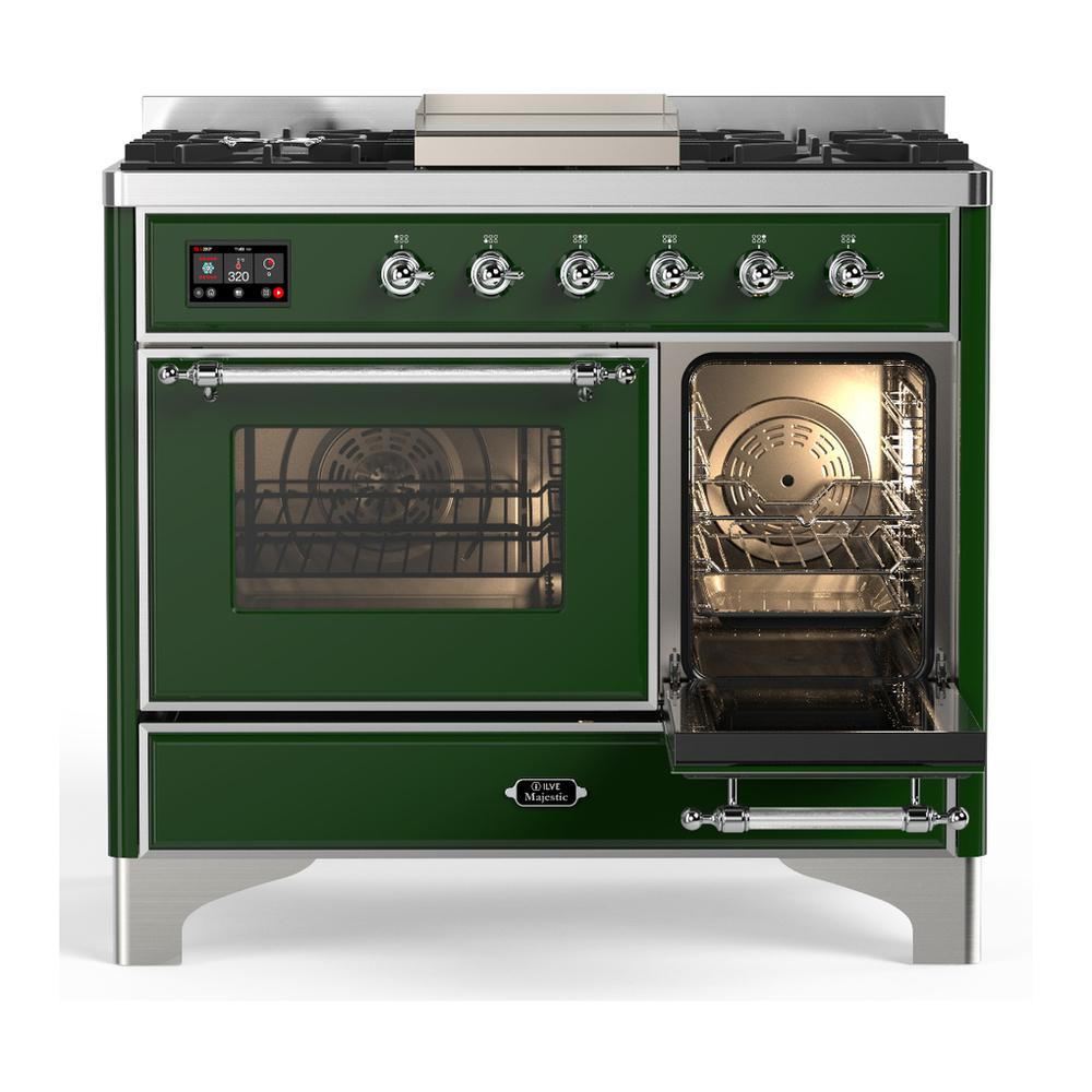ILVE UMD40FNR3EGCLP Majestic III 40 inch Dual Fuel Range with 6 Burners and Griddle, Dual Function Burner up to 25,000 BTU (Liquid Propane, Triple Glass Door, Emerald Green, Chrome)