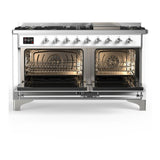 ILVE UM60FNR3WHC Majestic III 60 inch Dual Fuel Range with 9 Burners and Griddle, Dual Function Burner up to 25,000 BTU (Natural Gas, Triple Glass Door, White, Chrome)