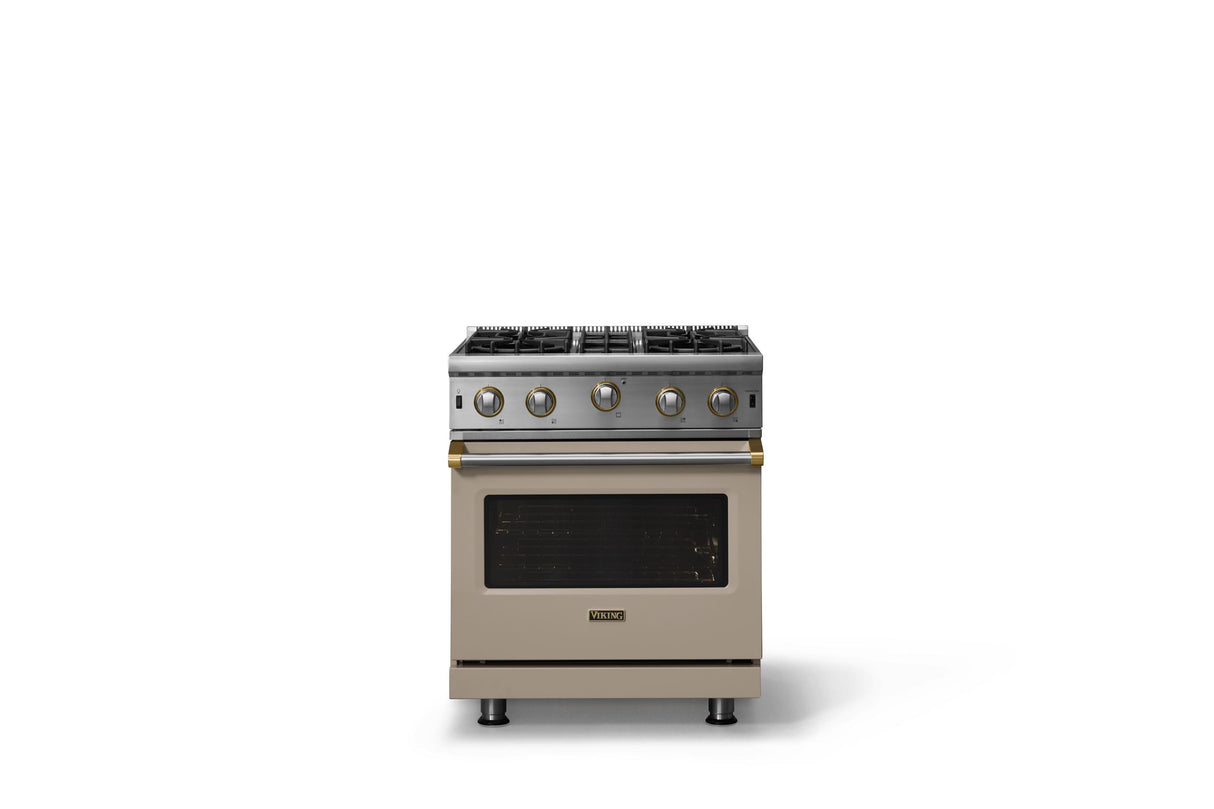 30"W. Open Burner Gas Range (Finish: Nantucket, Trim: Brushed Brass, Fuel: Natural Gas)