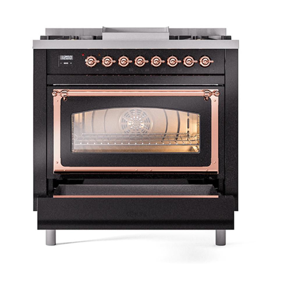 ILVE UN36FNMPBKPLP Nostalgie II Noblesse 36 inch Dual Fuel Range (Liquid Propane, Triple Glass Door, Glossy Black, Copper)