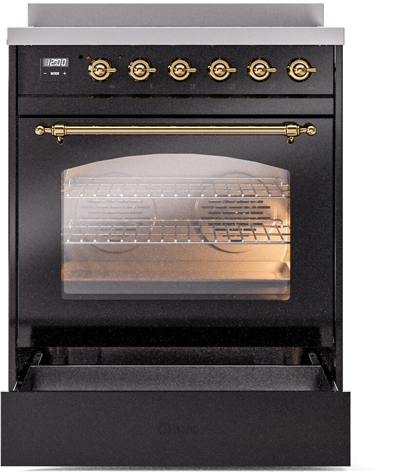Nostalgie II 30 Inch Electric Freestanding Range in Glossy Black with Brass Trim
