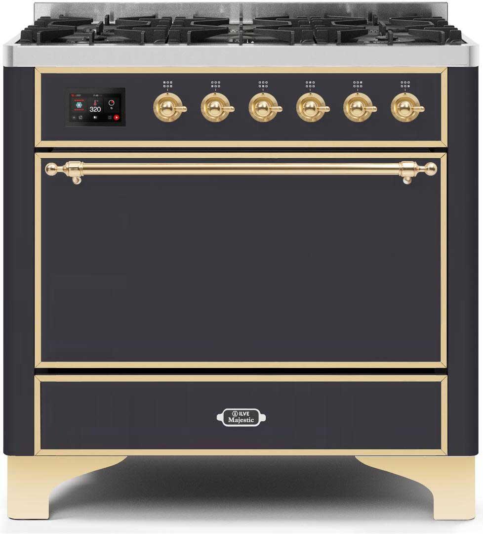 Majestic II 36 Inch Dual Fuel Natural Gas Freestanding Range in Matte Graphite with Brass Trim