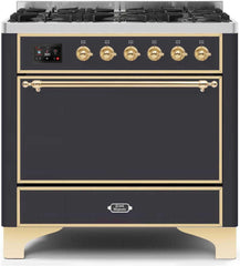 Majestic II 36 Inch Dual Fuel Natural Gas Freestanding Range in Matte Graphite with Brass Trim