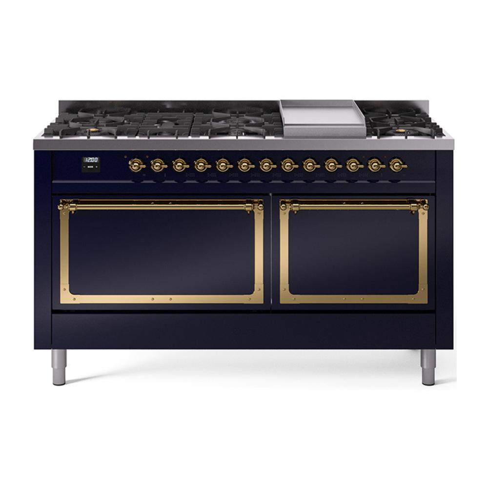 ILVE UN60FQNMPMBGLP Nostalgie II Noblesse 60 inch Dual Fuel Range (9 Sealed Burners + Griddle, Liquid Propane, Solid Door, Midnight Blue, Brass)