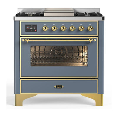 ILVE UM36FNR3BGG Majestic III 36 inch Dual Fuel Range with 6 Black Brass Burners and Griddle, Dual Function Burner up to 25,000 BTU (Triple Glass Door, Blue Grey, Brass, Natural Gas)