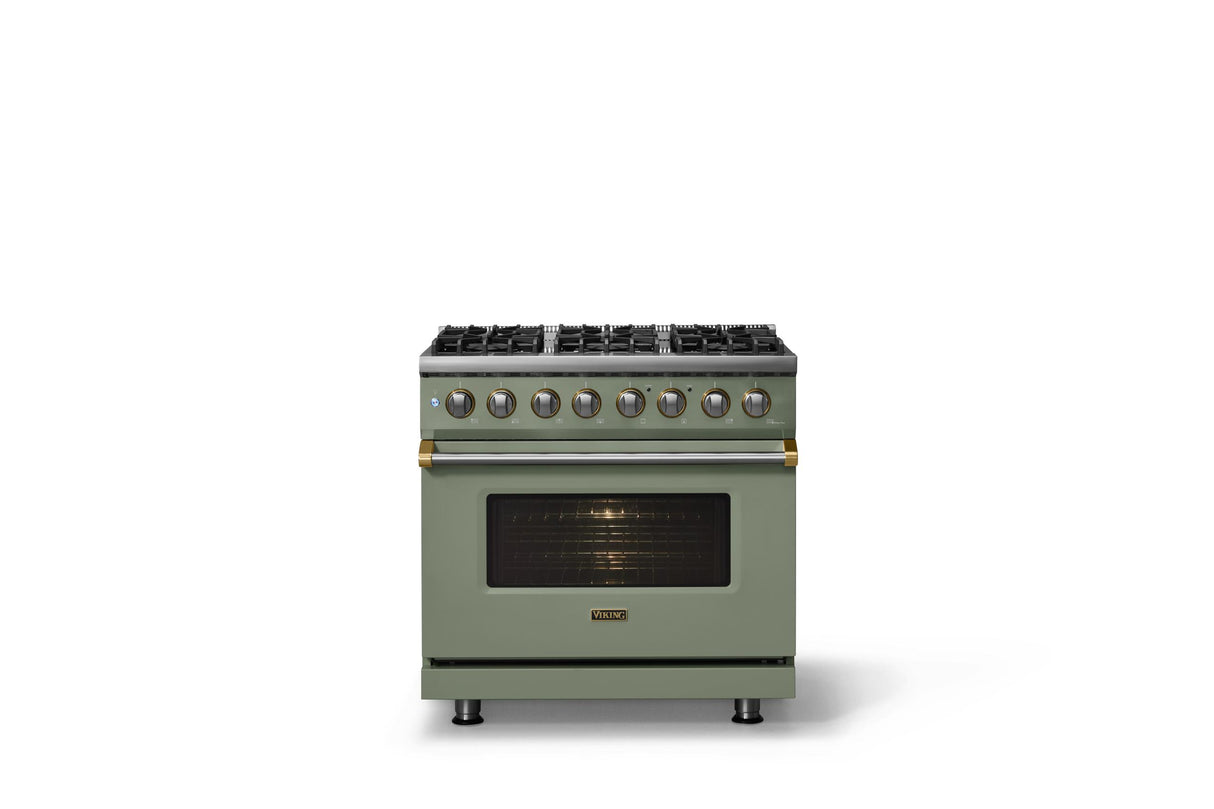 36"W. Dual Fuel Range (Burner: 6b, Finish: Eucalyptus, Trim: Polished Chrome, Fuel: Propane)