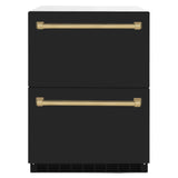 ZLINE Autograph Edition 24 in. Touchstone 168 Can Outdoor-Rated Dual Refrigerator Drawer with Black Matte Doors and Champagne Bronze Handles (RDSOZ-BLM-24-CB)