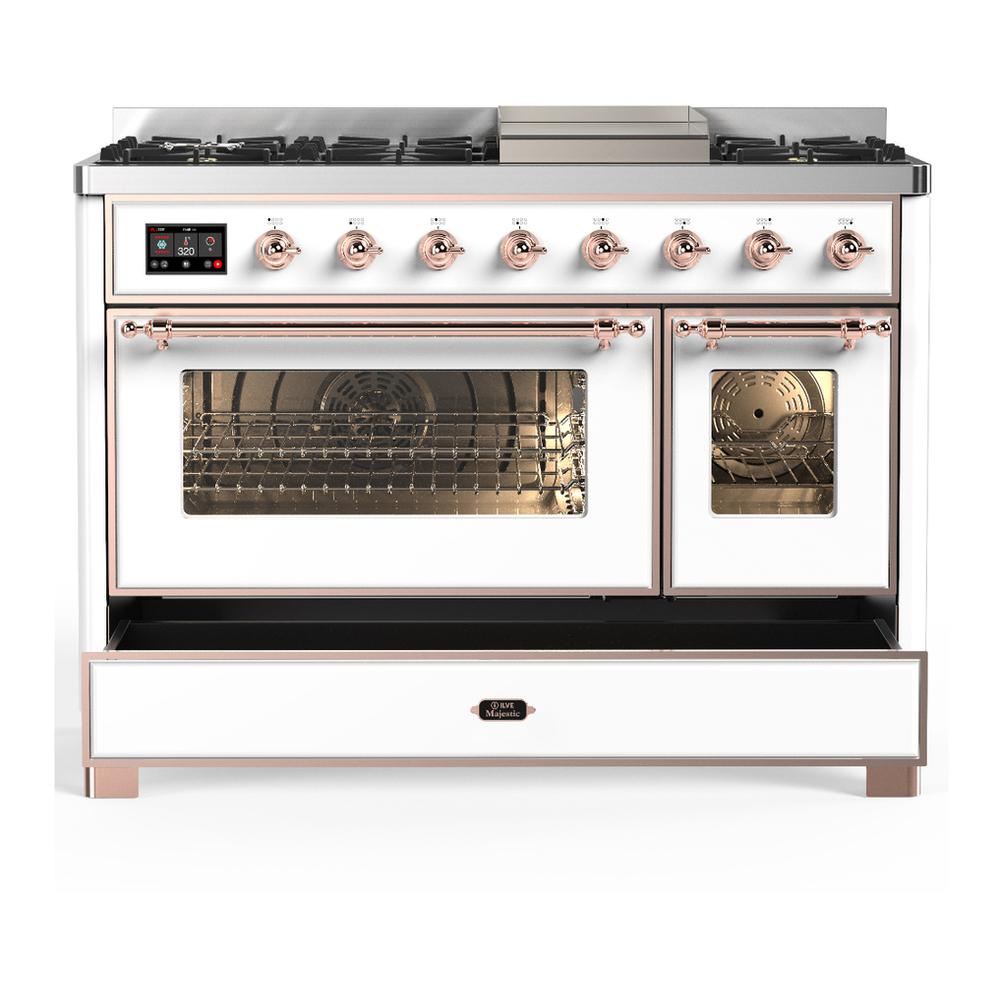 ILVE UM48FNR3WHP Majestic III 48 inch Dual Fuel Range with 8 Burners and Griddle, Dual Function Burner up to 25,000 BTU (Natural Gas, Triple Glass Door, White, Copper)