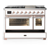 ILVE UM48FNR3WHP Majestic III 48 inch Dual Fuel Range with 8 Burners and Griddle, Dual Function Burner up to 25,000 BTU (Natural Gas, Triple Glass Door, White, Copper)