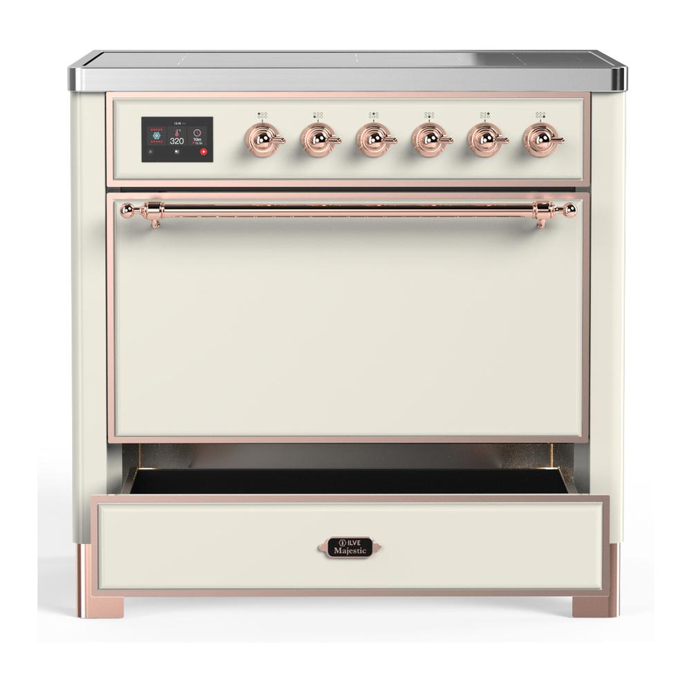 ILVE UMIB36QNR3AWP Majestic III 36 inch Induction Range with 6 Elements, 3.5 cu. ft. Total Oven Capacity (Solid Door, Antique White, Copper)