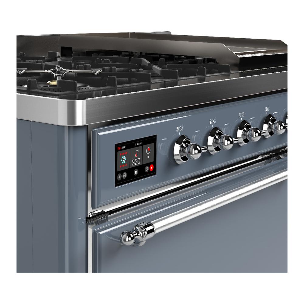 ILVE UM48FQNR3BGC Majestic III 48 inch Dual Fuel Range with 8 Burners and Griddle, Dual Function Burner up to 25,000 BTU (Natural Gas, Solid Door, Blue Grey, Chrome)