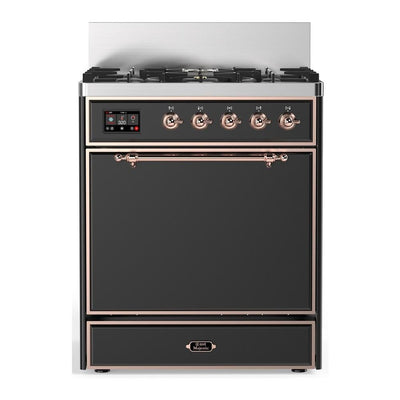ILVE UM30QNR3MGPLP Majestic III 30 inch Dual Fuel Range with 5 Black Brass Burners, Dual Function Burner up to 25,000 BTU (Liquid Propane, Solid Door, Graphite Matte, Copper)