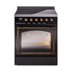 ILVE UNI304NMPBKB Nostalgie II Noblesse 30 inch Induction Range (Triple Glass Door, Glossy Black, Burnished)