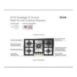 ILVE UHCPT95NSSCLP Nostalgie II 36 inch Built-In Gas Cooktop with Total Black Brass Burners, in Stainless Steel (5 Sealed Burners, Liquid Propane, Chrome)