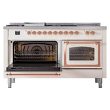 ILVE UN60FSNMPAWP Nostalgie II Noblesse 60 inch Dual Fuel Range (7 Sealed Burners + Griddle + French Top, Natural Gas, Triple Glass Door, Antique White, Copper)