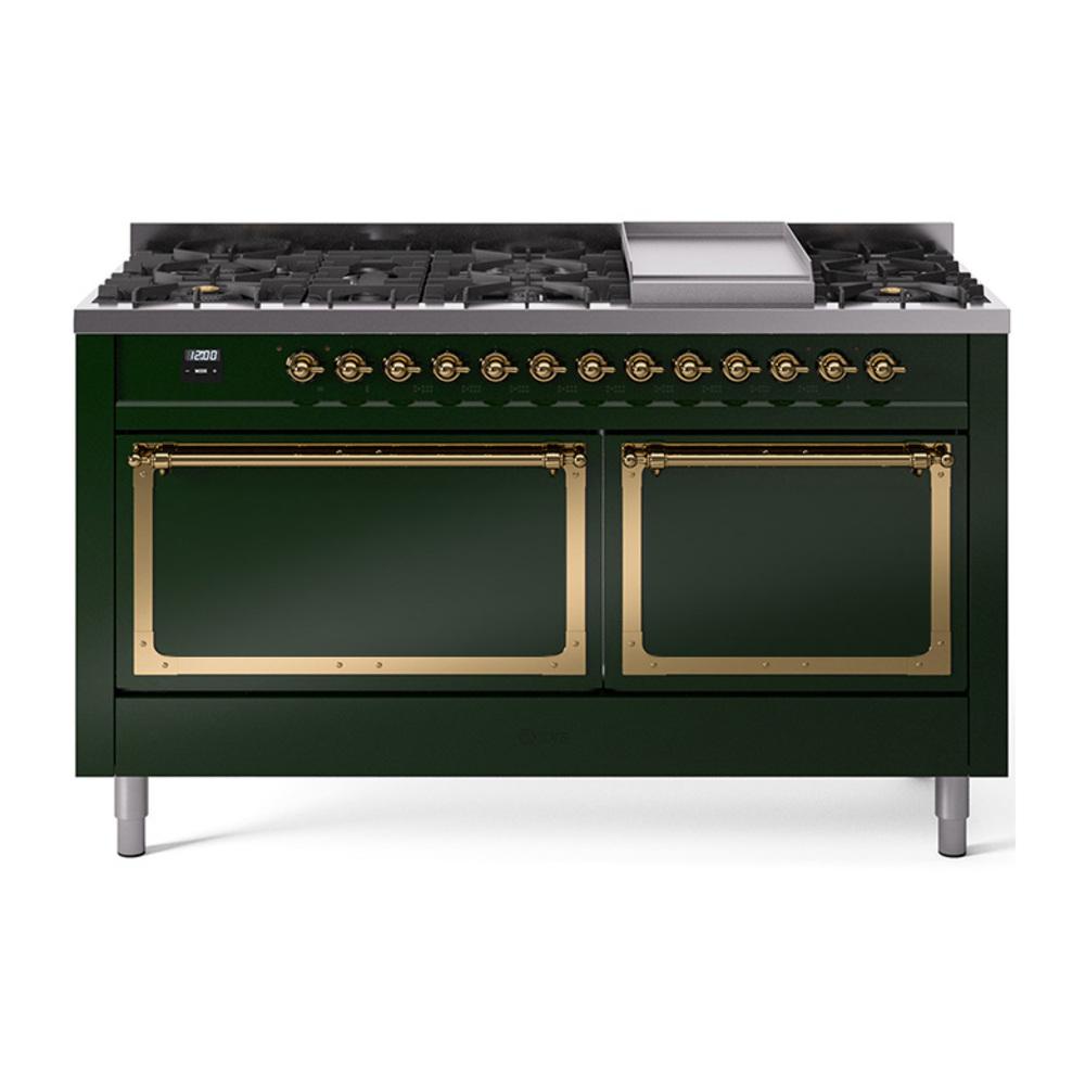 ILVE UN60FQNMPEGGLP Nostalgie II Noblesse 60 inch Dual Fuel Range (9 Sealed Burners + Griddle, Liquid Propane, Solid Door, Emerald Green, Brass)