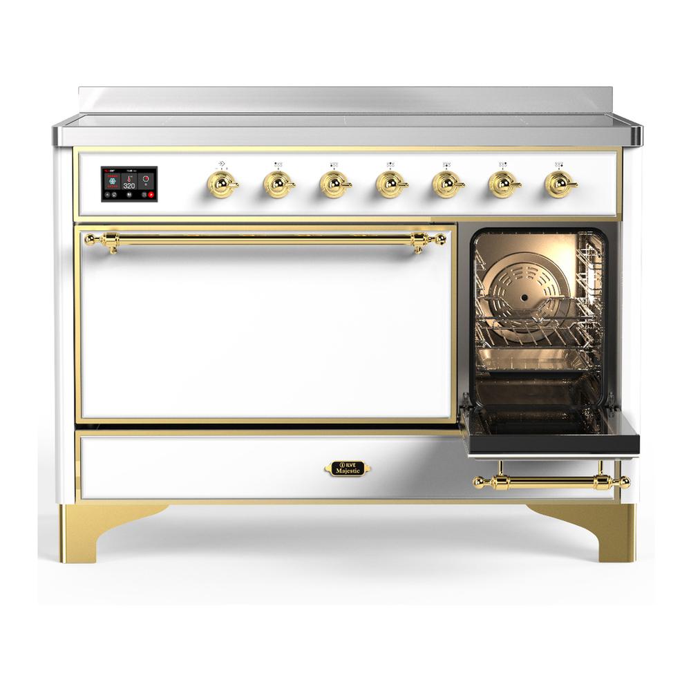 ILVE UMIB48QNR3WHG Majestic III 48 inch Induction Range with 6 Elements, 5.02 cu. ft. Total Oven Capacity (Solid Door, White, Brass)