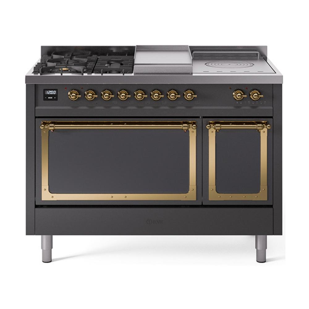 ILVE UN48FSQNMPMGG Nostalgie II Noblesse 48 inch Dual Fuel Range (5 Sealed Burners + Griddle + French Top, Natural Gas, Solid Door, Graphite Matte, Brass)