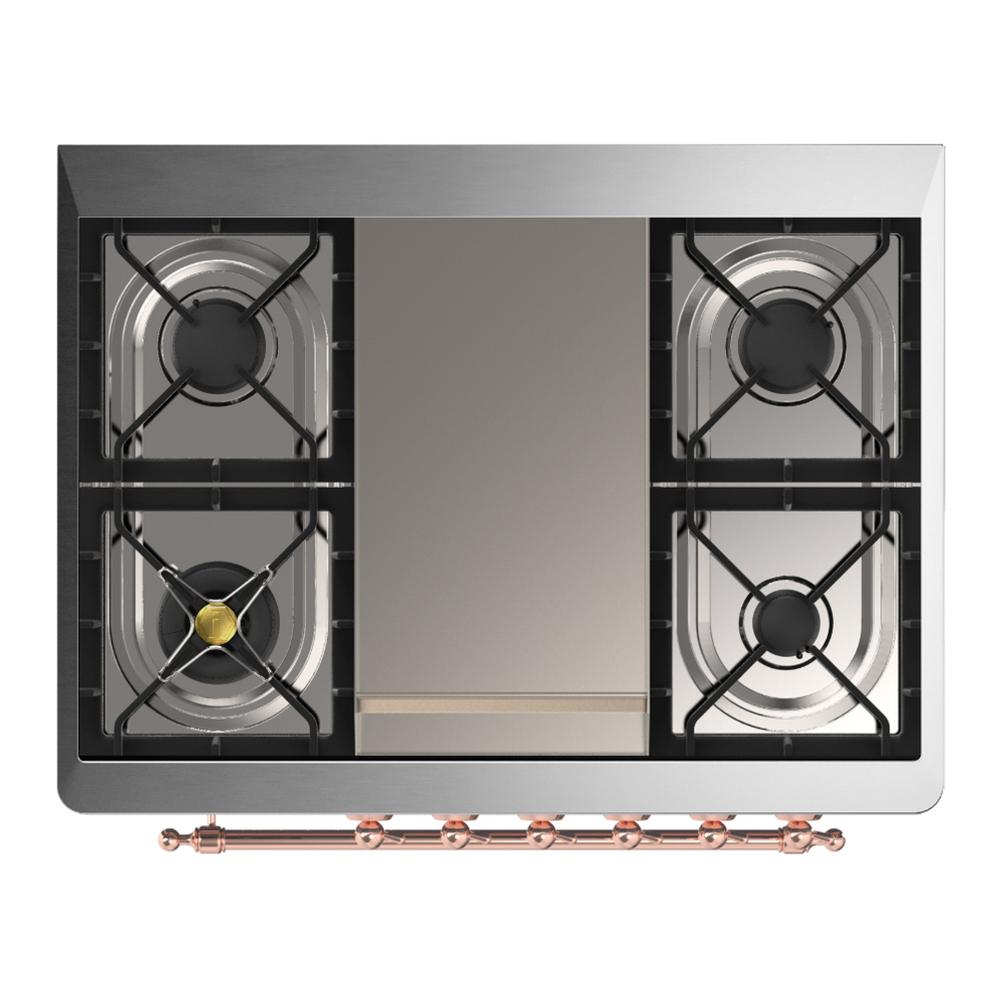 ILVE UM36FQNR3AWPLP Majestic III 36 inch Dual Fuel Range with 6 Black Brass Burners and Griddle, Dual Function Burner up to 25,000 BTU (Solid Door, Antique White, Copper, Liquid Propane)