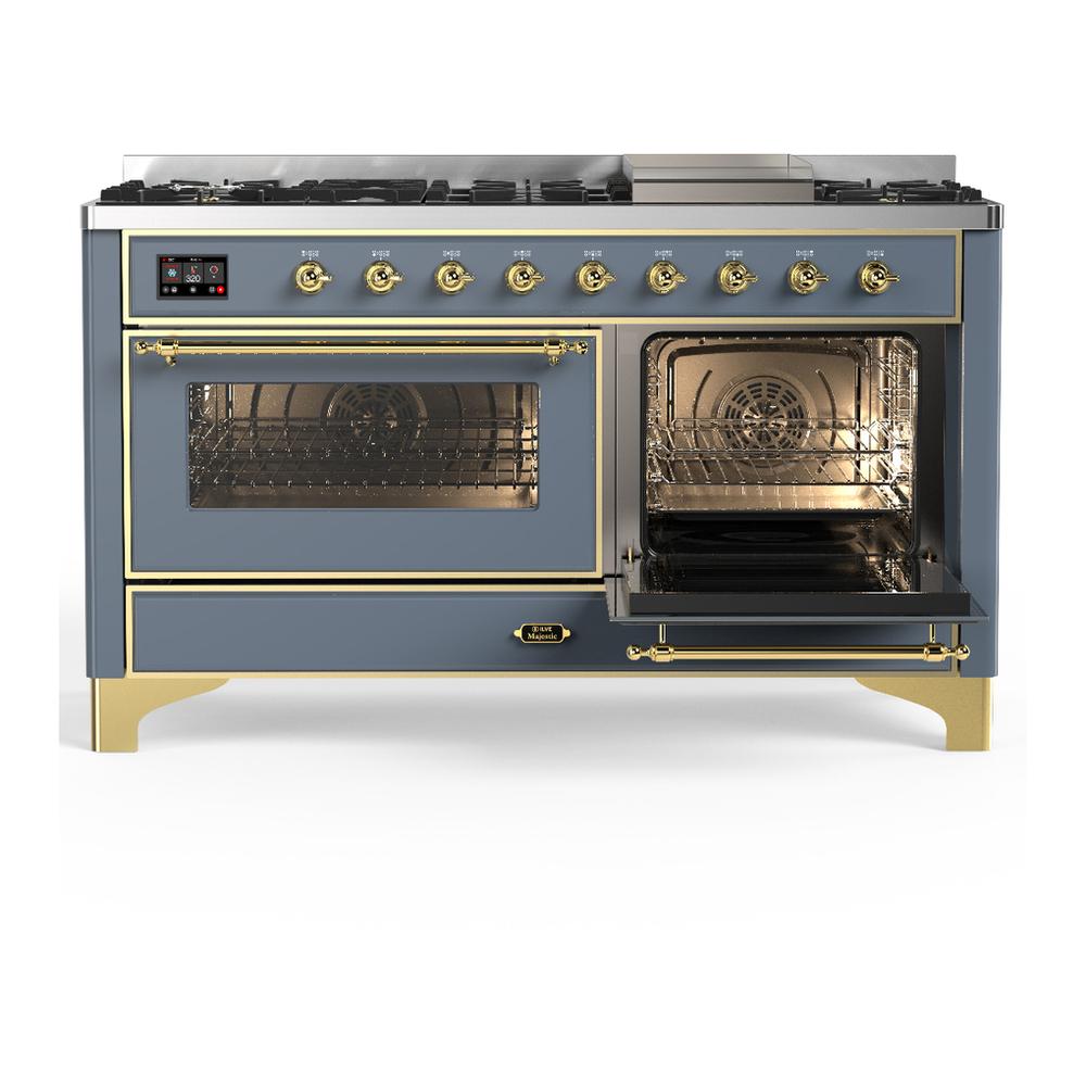 ILVE UM60FNR3BGG Majestic III 60 inch Dual Fuel Range with 9 Burners and Griddle, Dual Function Burner up to 25,000 BTU (Natural Gas, Triple Glass Door, Blue Grey, Brass)