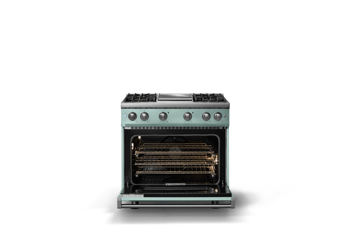 36"W. Sealed Burner Gas Range (Burner: 4g, Finish: Splash, Trim: Polished Chrome, Fuel: Natural Gas)