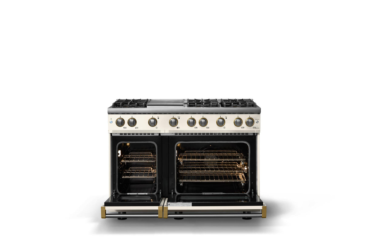 48"W. Sealed Burner Gas Range (Burner: 6g, Finish: Pure White, Trim: Brushed Brass, Fuel: Propane)