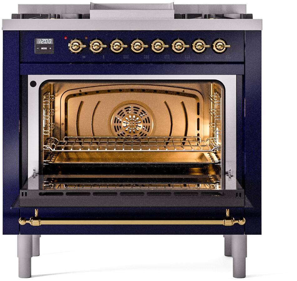 Nostalgie II 36 Inch Dual Fuel Liquid Propane Freestanding Range in Blue with Brass Trim