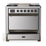 ILVE UM36FQNR3SSB Majestic III 36 inch Dual Fuel Range with 6 Black Brass Burners and Griddle, Dual Function Burner up to 25,000 BTU (Solid Door, Stainless Steel, Burnished, Natural Gas)