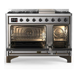 ILVE UM48FNR3SSBLP Majestic III 48 inch Dual Fuel Range with 8 Burners and Griddle, Dual Function Burner up to 25,000 BTU (Liquid Propane, Triple Glass Door, Stainless Steel, Burnished)