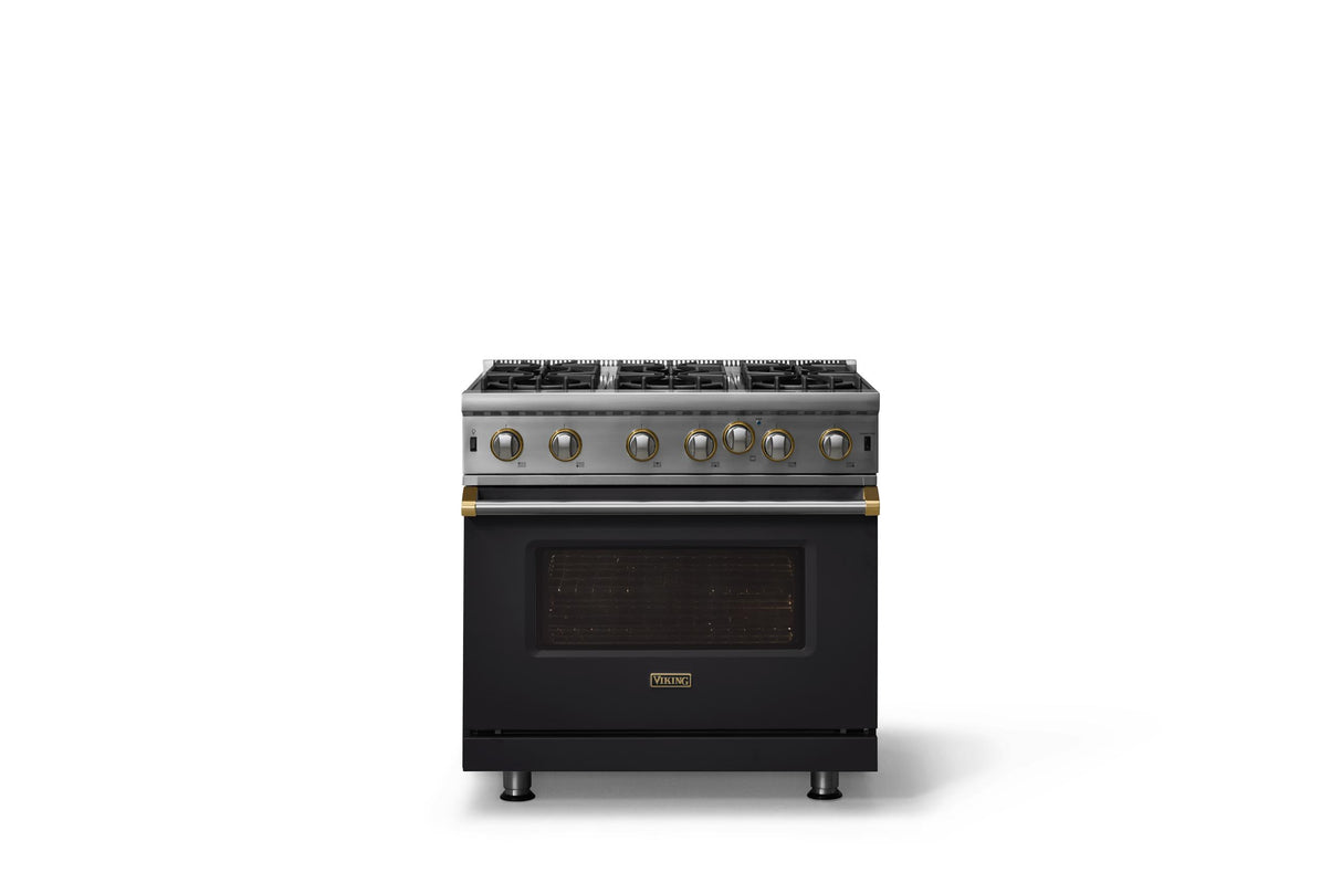 36"W. Open Burner Gas Range (Finish: Onyx, Trim: Brushed Brass, Fuel: Propane)