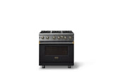 36"W. Open Burner Gas Range (Finish: Onyx, Trim: Brushed Brass, Fuel: Propane)