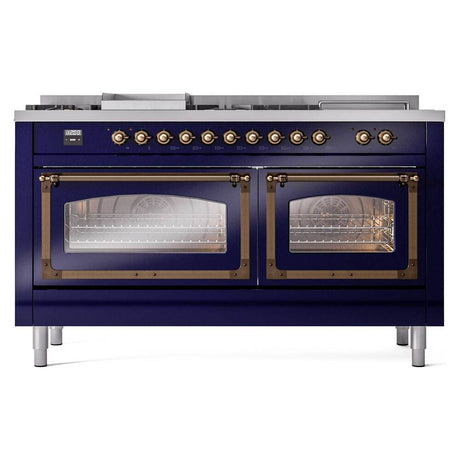ILVE UN60FSNMPMBBLP Nostalgie II Noblesse 60 inch Dual Fuel Range (7 Sealed Burners + Griddle + French Top, Liquid Propane, Triple Glass Door, Midnight Blue, Burnished)