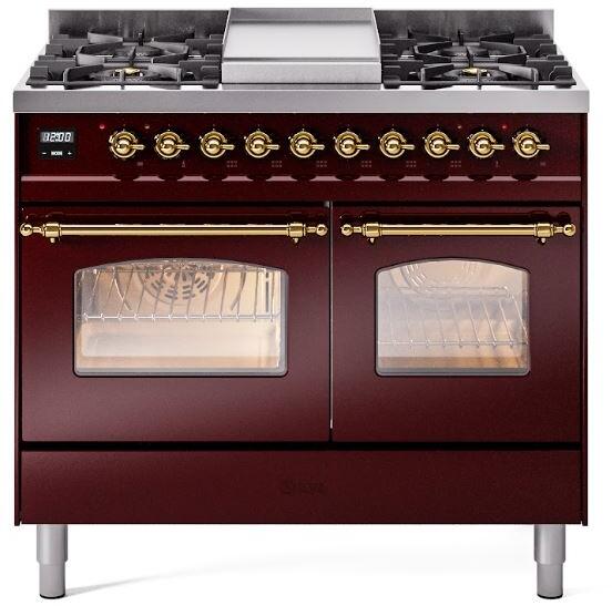 Nostalgie II 40 Inch Dual Fuel Natural Gas Freestanding Range in Burgundy with Brass Trim
