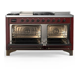 ILVE UM60FSQNR3BUBLP Majestic III 60 inch Dual Fuel Range with 7 Burners, Griddle and French Top, Dual Function Burner with up to 25,000 BTU (Liquid Propane, Solid Door, Burgundy, Burnished)