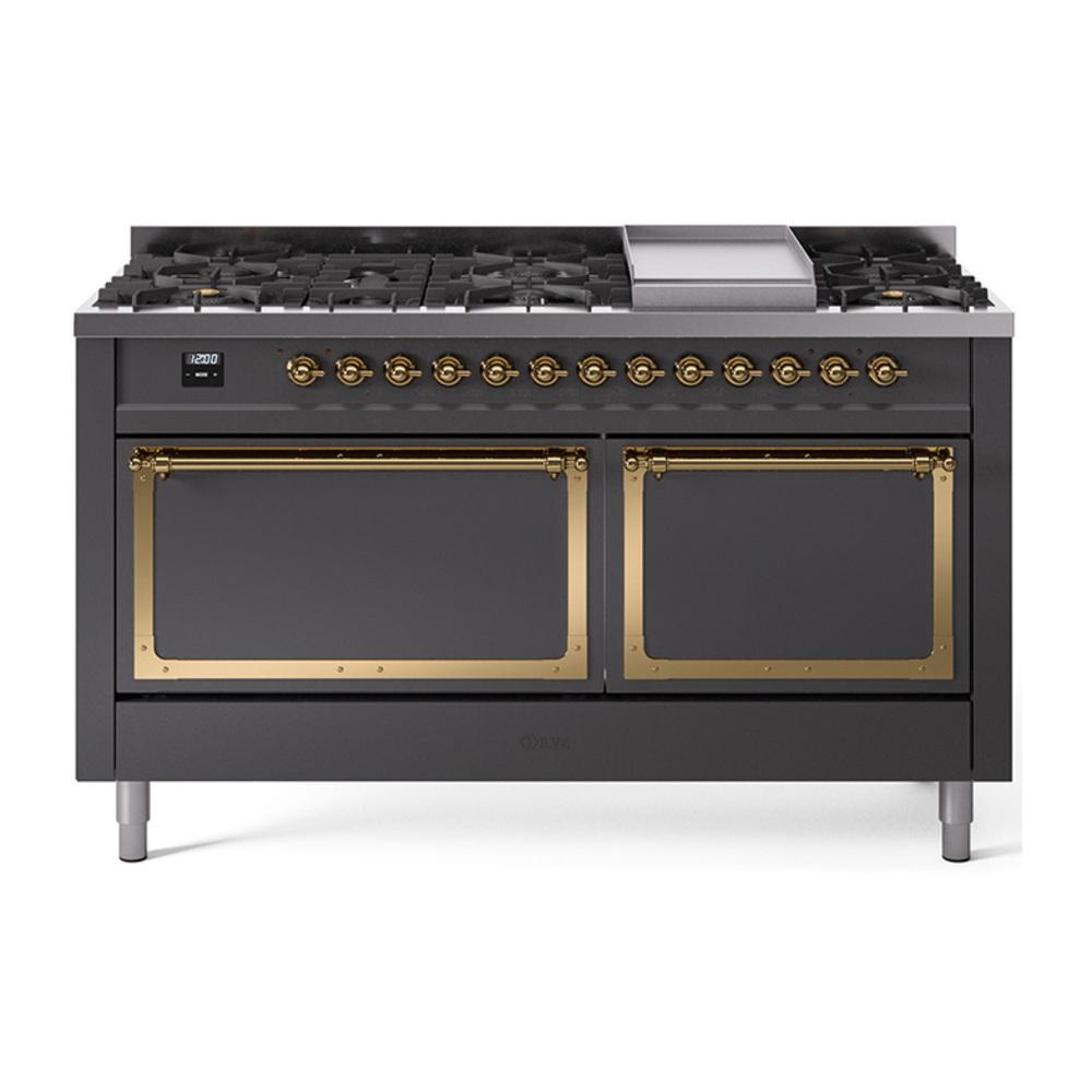 ILVE UN60FQNMPMGG Nostalgie II Noblesse 60 inch Dual Fuel Range (9 Sealed Burners + Griddle, Natural Gas, Solid Door, Graphite Matte, Brass)