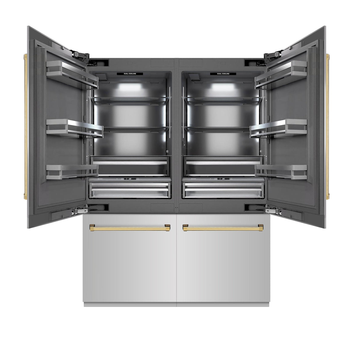ZLINE Autograph Edition 60 in. 32.2 cu. ft. French Door Built-In Bottom Freezer Refrigerator with Water Dispenser and Ice Maker in Stainless Steel with Graphite Gray Interior and Polished Gold Accents (GRBIVZ-304-60G)