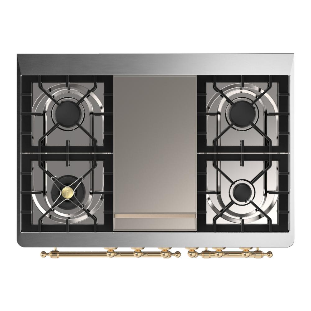 ILVE UMD40FQNR3BUG Majestic III 40 inch Dual Fuel Range with 6 Burners and Griddle, Dual Function Burner up to 25,000 BTU (Natural Gas, Solid Door, Burgundy, Brass)