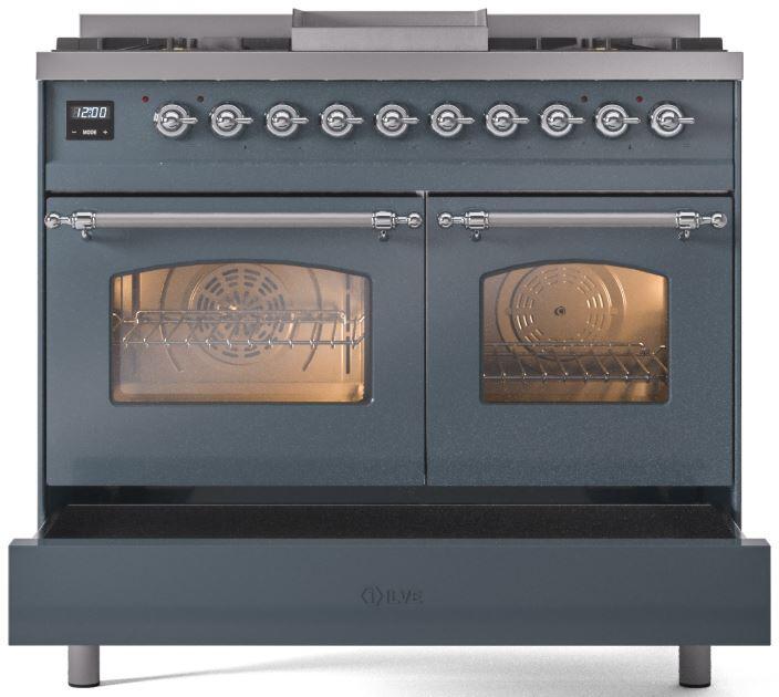 Nostalgie II 40 Inch Dual Fuel Liquid Propane Freestanding Range in Blue Grey with Chrome Trim