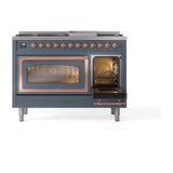 ILVE UN48FNMPBGP Nostalgie II Noblesse 48 inch Dual Fuel Range (8 Sealed Burners + Griddle, Natural Gas, Triple Glass Door, Blue Grey, Copper)