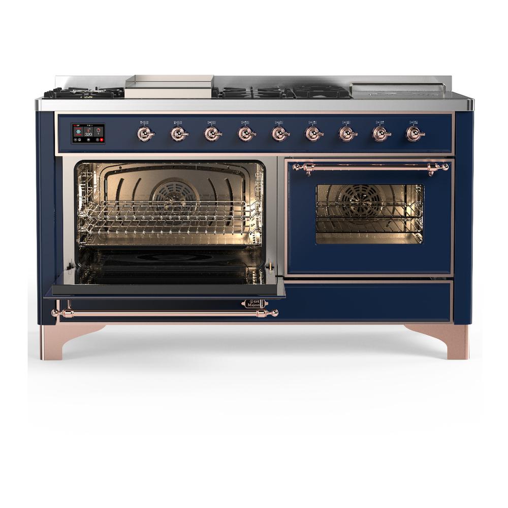 ILVE UM60FSNR3MBP Majestic III 60 inch Dual Fuel Range with 7 Burners, Griddle and French Top, Dual Function Burner with up to 25,000 BTU (Natural Gas, Triple Glass Door, Midnight Blue, Copper)