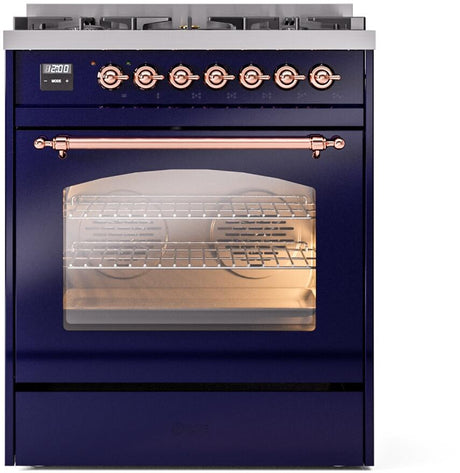 Nostalgie II 30 Inch Dual Fuel Liquid Propane Freestanding Range in Blue with Copper Trim