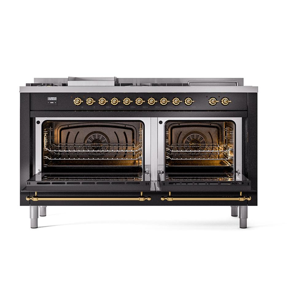 ILVE UN60FSQNMPBKG Nostalgie II Noblesse 60 inch Dual Fuel Range (7 Sealed Burners + Griddle + French Top, Natural Gas, Solid Door, Glossy Black, Brass)