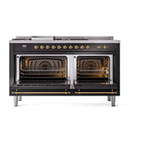 ILVE UN60FSQNMPBKG Nostalgie II Noblesse 60 inch Dual Fuel Range (7 Sealed Burners + Griddle + French Top, Natural Gas, Solid Door, Glossy Black, Brass)